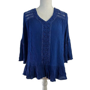 John Paul Richard Blouse Medium Crochet Accent Lace Ruffled Hem 3/4 Bell Sleeves